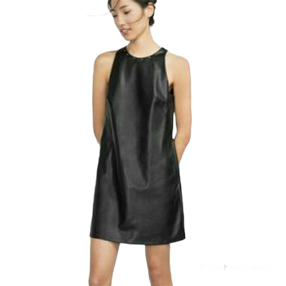 ZARA BASIC black faux leather shift dress with studs at the neckline Style 862